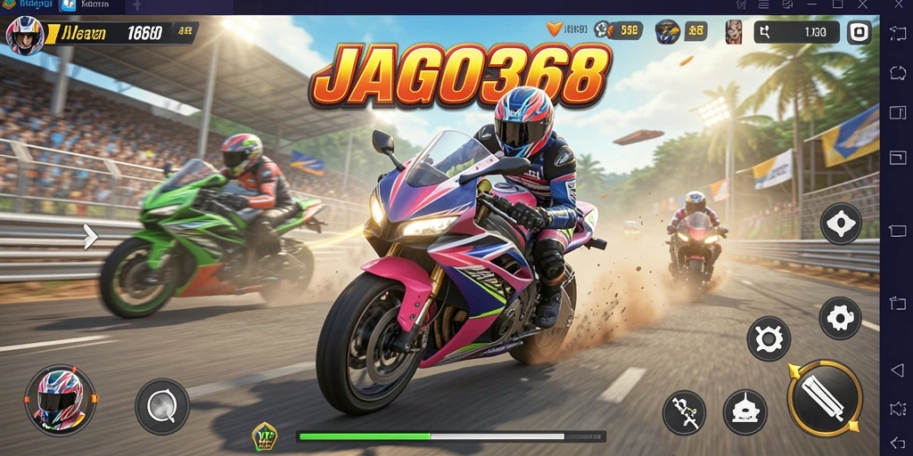 Screenshot gameplay JAGO368 menampilkan aksi balapan motor yang mendebarkan.
